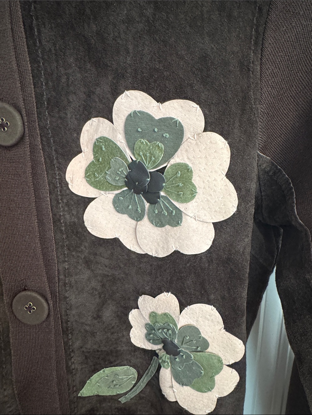 Suede and knit hand stitched Brown Floral Appliqué Button-Up Jacket - Picture 2 of 5